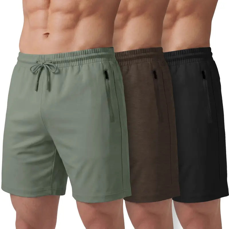 PURE CHAMP Men'S 3-Pack 8" Above-The-Knee Active Gym Shorts, Lightweight Breathable Gym Wear with Quick-Dry Soft Blend Fabric, 4-Way Stretch, Zipper Pockets, Anti-Odour, Durable for Basketball & All Seasons