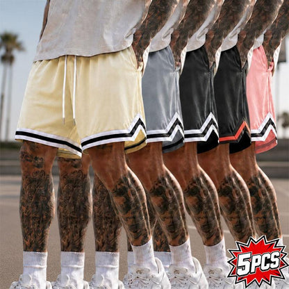 5-Pack Men’S Mesh Basketball Shorts, Drawstring Elastic Waistband, Double-Striped Cuffs, Loose Fit for Fitness and Running, Breathable Streetwear Casual Bottoms