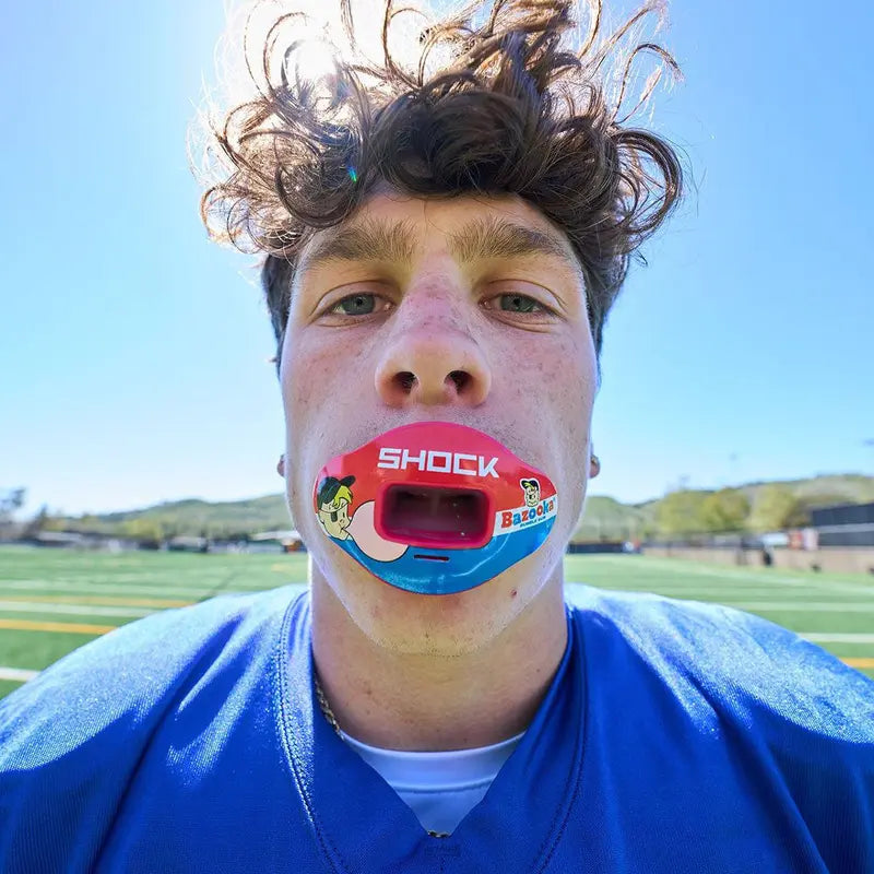Shock Doctor Bazooka Joe Max Airflow Football Mouthguard - Full Mouth Protection Compatible with Braces, Lip Guard, Instant Fit Mouthguard for Football - Bubble Gum Flavor