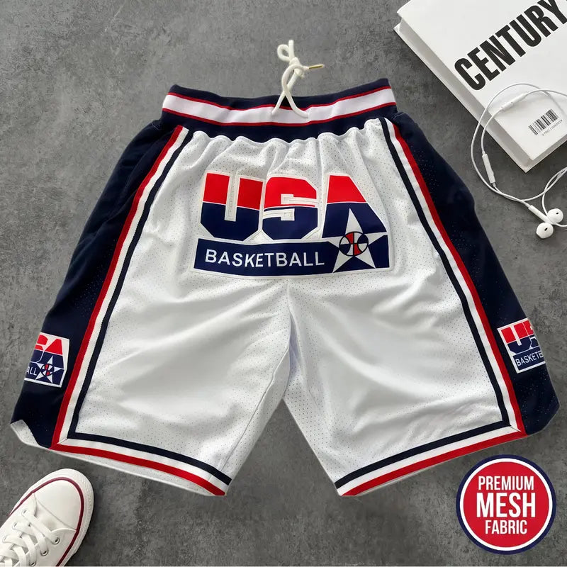 Male 1992 USA Dream Team Sporty Chic Basketball Shorts - Activewear Bottoms, 4 Pockets, Embroidery, Stretchable, Big Size, Blue/White, Sewing Detail, Shorts Cut Keeps Legs Free to Move, Cold Wash, Do Not Dry Clean for Court, Outdoor Sports