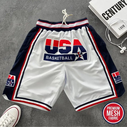 Male 1992 USA Dream Team Sporty Chic Basketball Shorts - Activewear Bottoms, 4 Pockets, Embroidery, Stretchable, Big Size, Blue/White, Sewing Detail, Shorts Cut Keeps Legs Free to Move, Cold Wash, Do Not Dry Clean for Court, Outdoor Sports