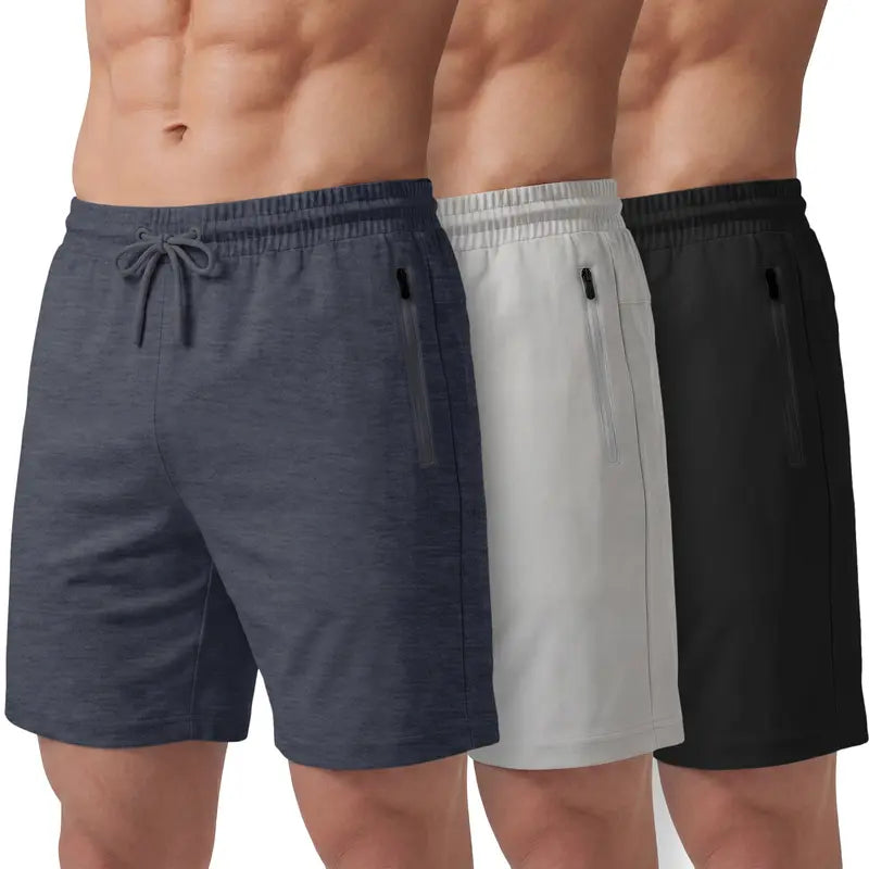 PURE CHAMP Men'S 3-Pack 8" Above-The-Knee Active Gym Shorts, Lightweight Breathable Gym Wear with Quick-Dry Soft Blend Fabric, 4-Way Stretch, Zipper Pockets, Anti-Odour, Durable for Basketball & All Seasons