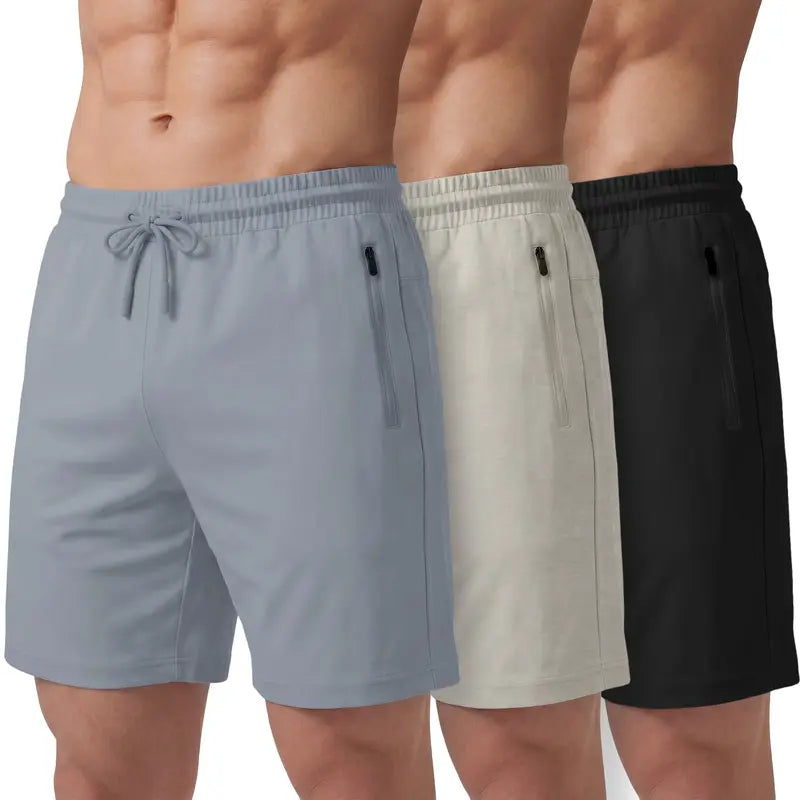 PURE CHAMP Men'S 3-Pack 8" Above-The-Knee Active Gym Shorts, Lightweight Breathable Gym Wear with Quick-Dry Soft Blend Fabric, 4-Way Stretch, Zipper Pockets, Anti-Odour, Durable for Basketball & All Seasons