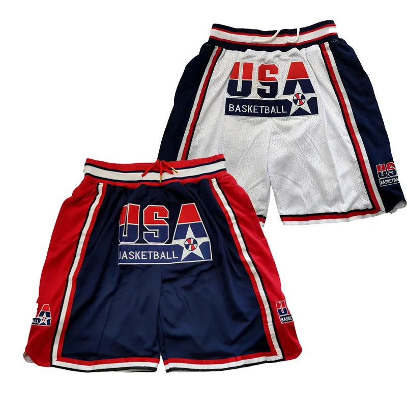 Male 1992 USA Dream Team Sporty Chic Basketball Shorts - Activewear Bottoms, 4 Pockets, Embroidery, Stretchable, Big Size, Blue/White, Sewing Detail, Shorts Cut Keeps Legs Free to Move, Cold Wash, Do Not Dry Clean for Court, Outdoor Sports