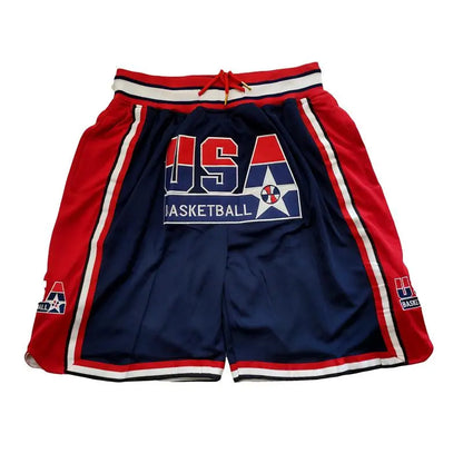Male 1992 USA Dream Team Sporty Chic Basketball Shorts - Activewear Bottoms, 4 Pockets, Embroidery, Stretchable, Big Size, Blue/White, Sewing Detail, Shorts Cut Keeps Legs Free to Move, Cold Wash, Do Not Dry Clean for Court, Outdoor Sports