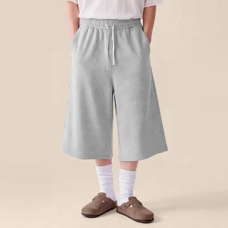 COOLGYM Men'S Loose 3/4 Cotton Blend Sweat Shorts - Plain, Drawstring, Below-Knee, Wide-Leg, Pockets, Lightweight Gym Capri for Fitness Training, Casual Wear, Oversized Baggy Loose Fitting Bottoms
