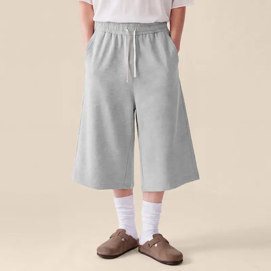 COOLGYM Men'S Loose 3/4 Cotton Blend Sweat Shorts - Plain, Drawstring, Below-Knee, Wide-Leg, Pockets, Lightweight Gym Capri for Fitness Training, Casual Wear, Oversized Baggy Loose Fitting Bottoms