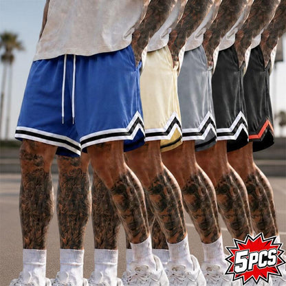 5-Pack Men’S Mesh Basketball Shorts, Drawstring Elastic Waistband, Double-Striped Cuffs, Loose Fit for Fitness and Running, Breathable Streetwear Casual Bottoms