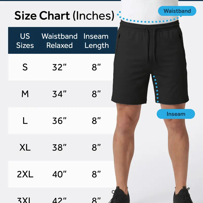PURE CHAMP Men'S 3-Pack 8" Above-The-Knee Active Gym Shorts, Lightweight Breathable Gym Wear with Quick-Dry Soft Blend Fabric, 4-Way Stretch, Zipper Pockets, Anti-Odour, Durable for Basketball & All Seasons