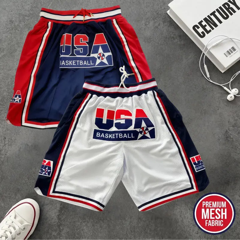 Male 1992 USA Dream Team Sporty Chic Basketball Shorts - Activewear Bottoms, 4 Pockets, Embroidery, Stretchable, Big Size, Blue/White, Sewing Detail, Shorts Cut Keeps Legs Free to Move, Cold Wash, Do Not Dry Clean for Court, Outdoor Sports