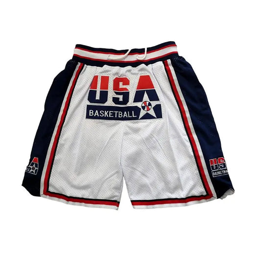 Male 1992 USA Dream Team Sporty Chic Basketball Shorts - Activewear Bottoms, 4 Pockets, Embroidery, Stretchable, Big Size, Blue/White, Sewing Detail, Shorts Cut Keeps Legs Free to Move, Cold Wash, Do Not Dry Clean for Court, Outdoor Sports