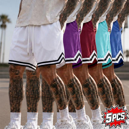 5-Pack Men’S Mesh Basketball Shorts, Drawstring Elastic Waistband, Double-Striped Cuffs, Loose Fit for Fitness and Running, Breathable Streetwear Casual Bottoms