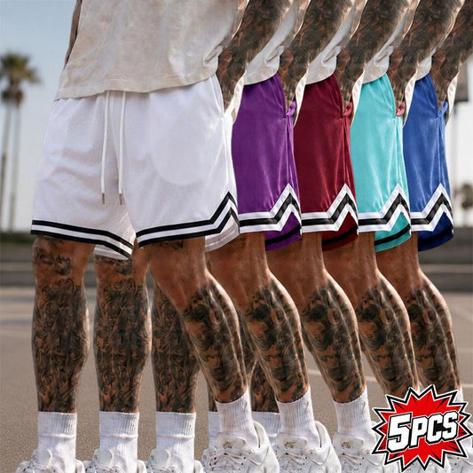 5-Pack Men’S Mesh Basketball Shorts, Drawstring Elastic Waistband, Double-Striped Cuffs, Loose Fit for Fitness and Running, Breathable Streetwear Casual Bottoms
