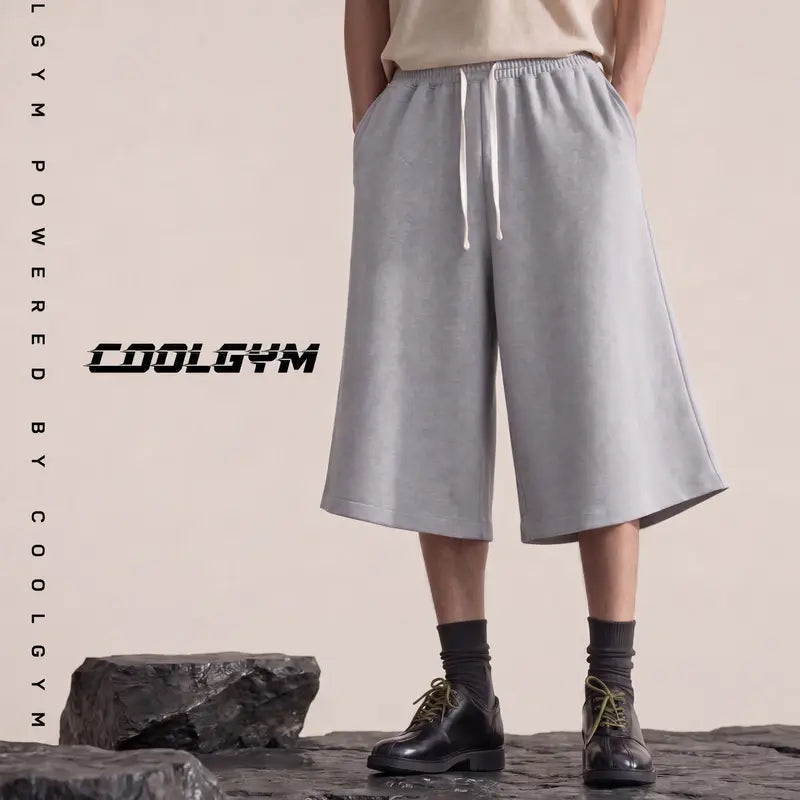 COOLGYM Men'S Loose 3/4 Cotton Blend Sweat Shorts - Plain, Drawstring, Below-Knee, Wide-Leg, Pockets, Lightweight Gym Capri for Fitness Training, Casual Wear, Oversized Baggy Loose Fitting Bottoms
