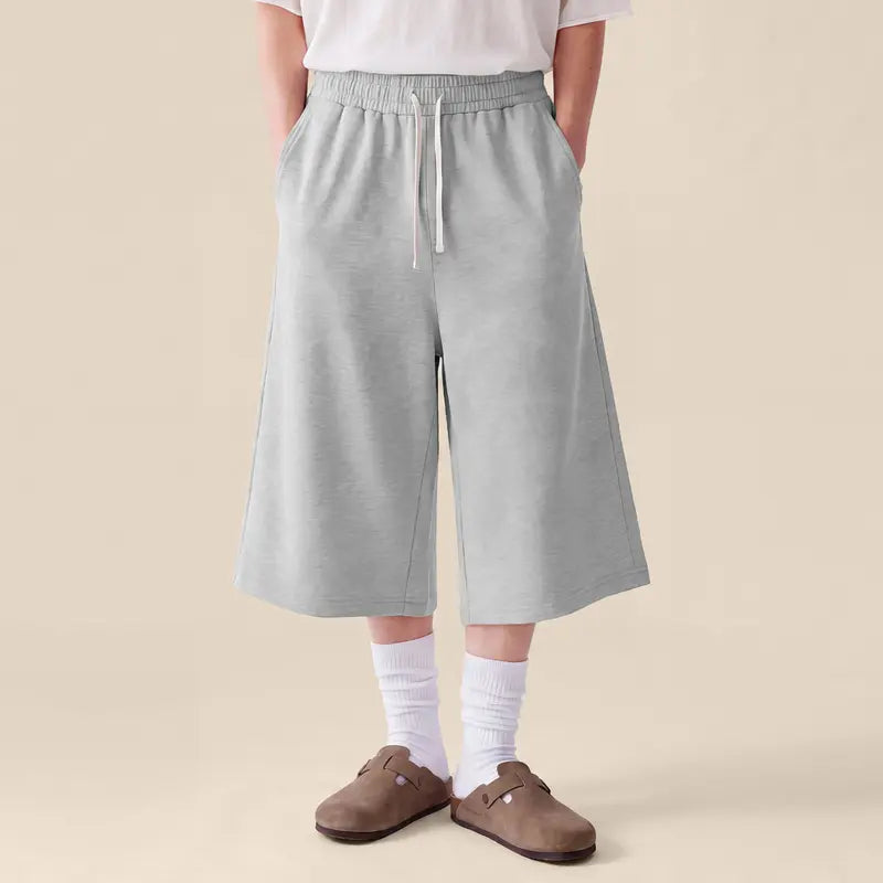 COOLGYM Men'S Loose 3/4 Cotton Blend Sweat Shorts - Plain, Drawstring, Below-Knee, Wide-Leg, Pockets, Lightweight Gym Capri for Fitness Training, Casual Wear, Oversized Baggy Loose Fitting Bottoms