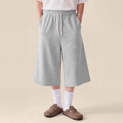COOLGYM Men'S Loose 3/4 Cotton Blend Sweat Shorts - Plain, Drawstring, Below-Knee, Wide-Leg, Pockets, Lightweight Gym Capri for Fitness Training, Casual Wear, Oversized Baggy Loose Fitting Bottoms