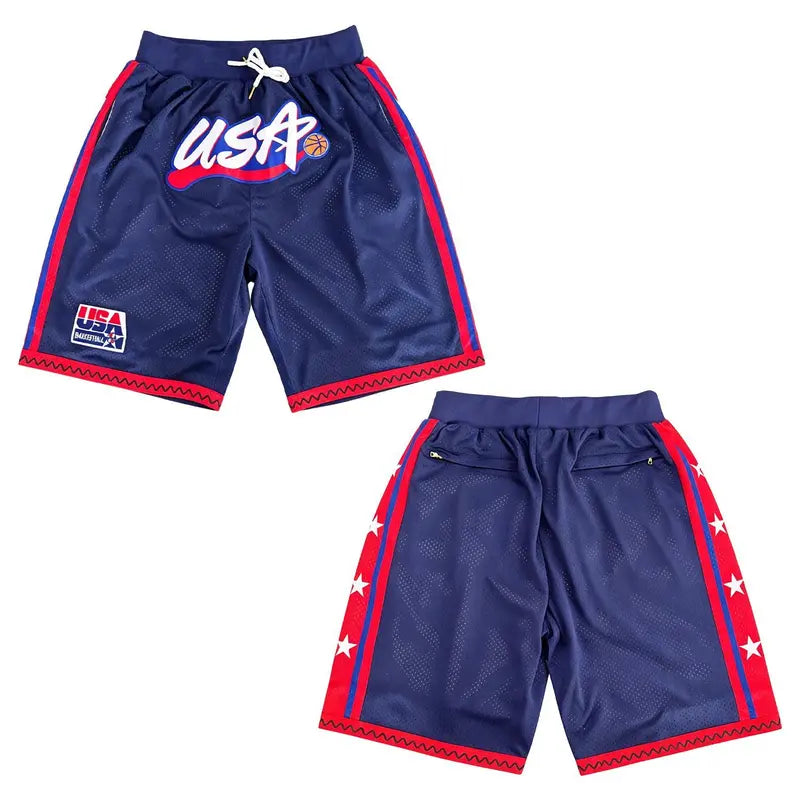 Male 1992 USA Dream Team Sporty Chic Basketball Shorts - Activewear Bottoms, 4 Pockets, Embroidery, Stretchable, Big Size, Blue/White, Sewing Detail, Shorts Cut Keeps Legs Free to Move, Cold Wash, Do Not Dry Clean for Court, Outdoor Sports