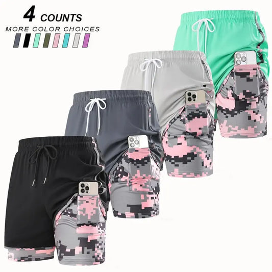 4-Pack Women’S Summer Casual Athletic Shorts: Double-Layer Faux Two-Piece Shorts That Are Comfortable and Breathable for Running and Fitness Training, Featuring a Phone Pocket to Prevent Exposure; Summer Casual Camouflage-Lined Mid-Thigh Shorts Suitable F