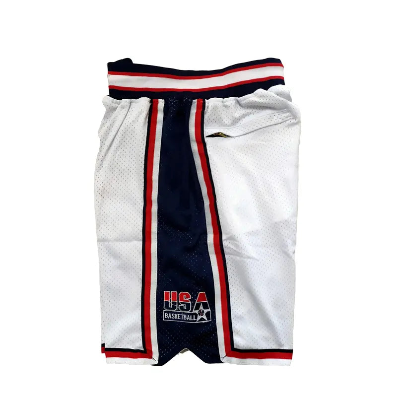 Male 1992 USA Dream Team Sporty Chic Basketball Shorts - Activewear Bottoms, 4 Pockets, Embroidery, Stretchable, Big Size, Blue/White, Sewing Detail, Shorts Cut Keeps Legs Free to Move, Cold Wash, Do Not Dry Clean for Court, Outdoor Sports