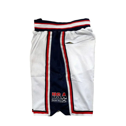 Male 1992 USA Dream Team Sporty Chic Basketball Shorts - Activewear Bottoms, 4 Pockets, Embroidery, Stretchable, Big Size, Blue/White, Sewing Detail, Shorts Cut Keeps Legs Free to Move, Cold Wash, Do Not Dry Clean for Court, Outdoor Sports