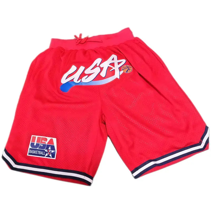 Male 1992 USA Dream Team Sporty Chic Basketball Shorts - Activewear Bottoms, 4 Pockets, Embroidery, Stretchable, Big Size, Blue/White, Sewing Detail, Shorts Cut Keeps Legs Free to Move, Cold Wash, Do Not Dry Clean for Court, Outdoor Sports