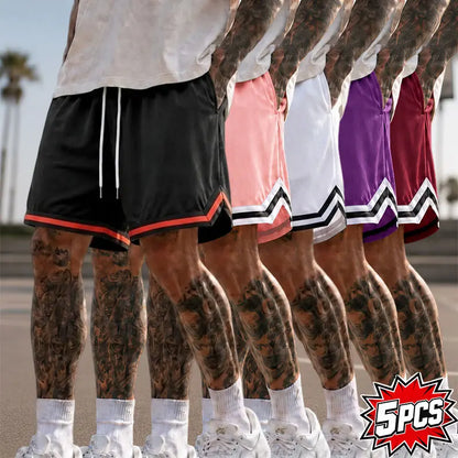 5-Pack Men’S Mesh Basketball Shorts, Drawstring Elastic Waistband, Double-Striped Cuffs, Loose Fit for Fitness and Running, Breathable Streetwear Casual Bottoms