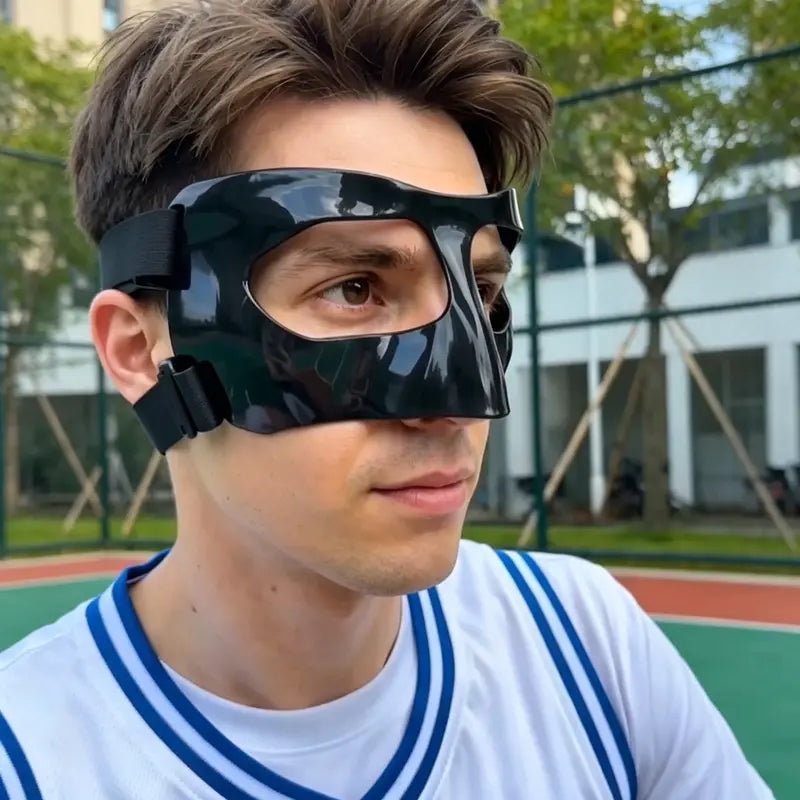 Unisex Adult Protective Face Guard - Adjustable Elastic Strap, Anti-Collision Nose Shield, Pressure-Free Secure Fit, Lightweight, Reduces Impact Forces, Prevents Secondary Injuries, Avoids Skin Abrasions, One Size Fits Most Sports Mask for Basketball