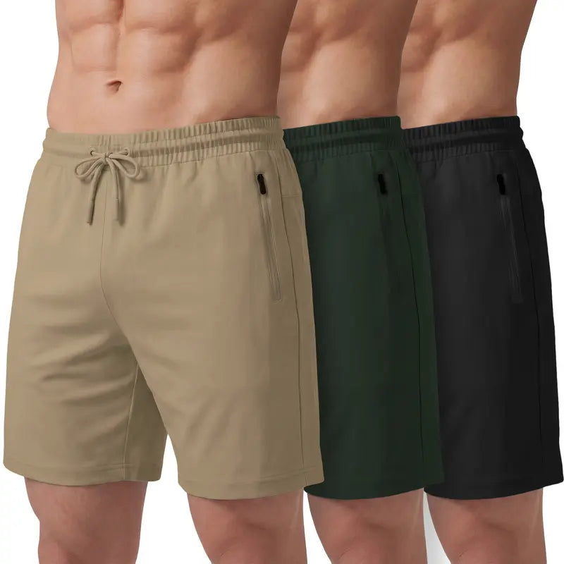 PURE CHAMP Men'S 3-Pack 8" Above-The-Knee Active Gym Shorts, Lightweight Breathable Gym Wear with Quick-Dry Soft Blend Fabric, 4-Way Stretch, Zipper Pockets, Anti-Odour, Durable for Basketball & All Seasons