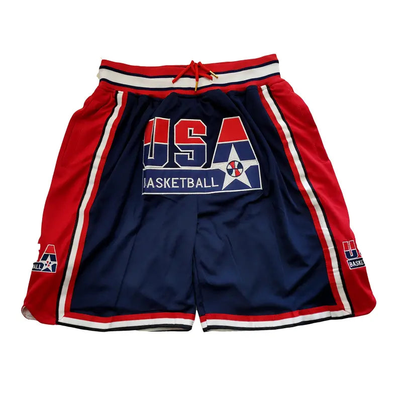 Male 1992 USA Dream Team Sporty Chic Basketball Shorts - Activewear Bottoms, 4 Pockets, Embroidery, Stretchable, Big Size, Blue/White, Sewing Detail, Shorts Cut Keeps Legs Free to Move, Cold Wash, Do Not Dry Clean for Court, Outdoor Sports