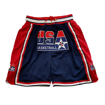 Male 1992 USA Dream Team Sporty Chic Basketball Shorts - Activewear Bottoms, 4 Pockets, Embroidery, Stretchable, Big Size, Blue/White, Sewing Detail, Shorts Cut Keeps Legs Free to Move, Cold Wash, Do Not Dry Clean for Court, Outdoor Sports