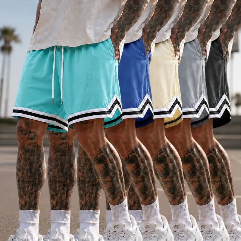5-Pack Men’S Mesh Basketball Shorts, Drawstring Elastic Waistband, Double-Striped Cuffs, Loose Fit for Fitness and Running, Breathable Streetwear Casual Bottoms