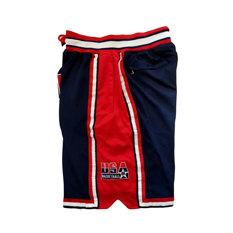 Male 1992 USA Dream Team Sporty Chic Basketball Shorts - Activewear Bottoms, 4 Pockets, Embroidery, Stretchable, Big Size, Blue/White, Sewing Detail, Shorts Cut Keeps Legs Free to Move, Cold Wash, Do Not Dry Clean for Court, Outdoor Sports