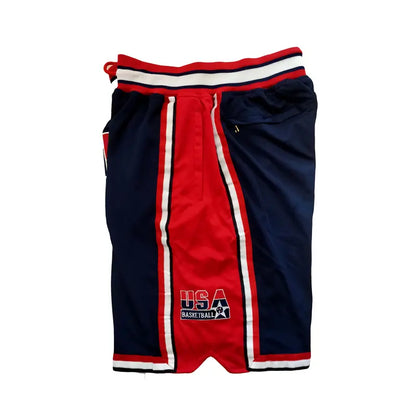 Male 1992 USA Dream Team Sporty Chic Basketball Shorts - Activewear Bottoms, 4 Pockets, Embroidery, Stretchable, Big Size, Blue/White, Sewing Detail, Shorts Cut Keeps Legs Free to Move, Cold Wash, Do Not Dry Clean for Court, Outdoor Sports