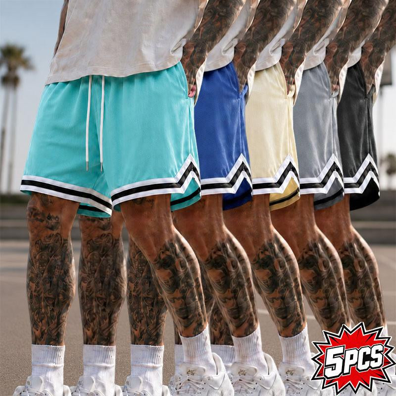 5-Pack Men’S Mesh Basketball Shorts, Drawstring Elastic Waistband, Double-Striped Cuffs, Loose Fit for Fitness and Running, Breathable Streetwear Casual Bottoms