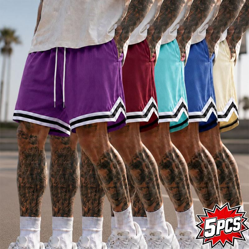 5-Pack Men’S Mesh Basketball Shorts, Drawstring Elastic Waistband, Double-Striped Cuffs, Loose Fit for Fitness and Running, Breathable Streetwear Casual Bottoms