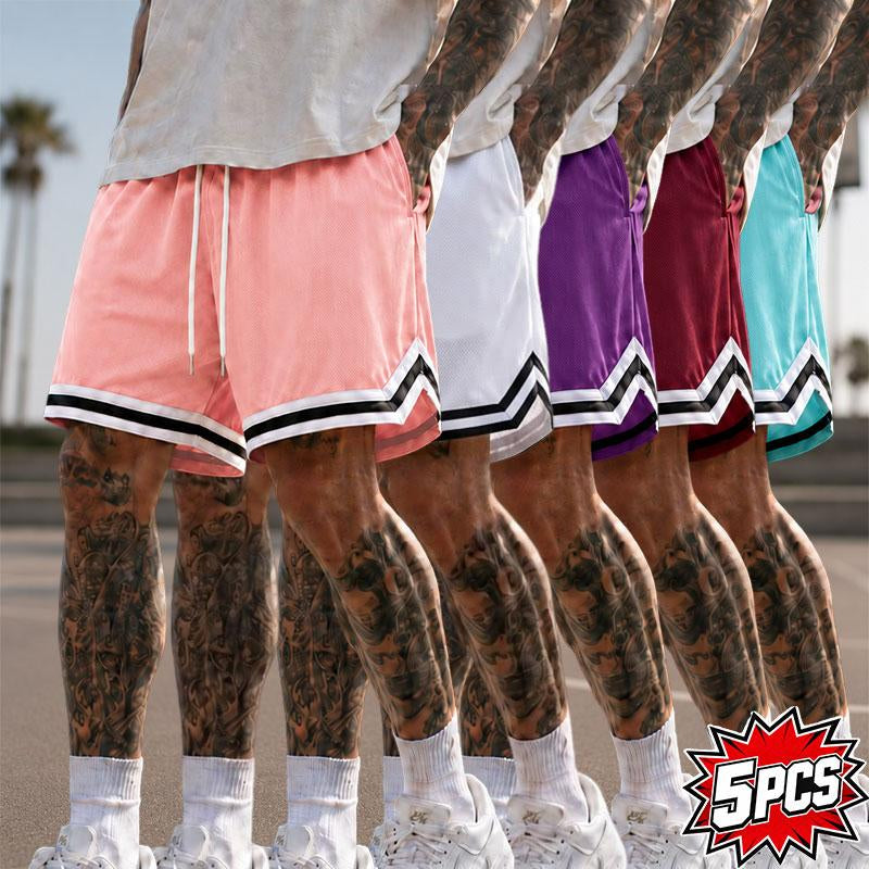 5-Pack Men’S Mesh Basketball Shorts, Drawstring Elastic Waistband, Double-Striped Cuffs, Loose Fit for Fitness and Running, Breathable Streetwear Casual Bottoms