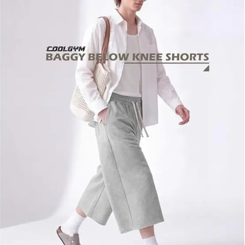 COOLGYM Men'S Loose 3/4 Cotton Blend Sweat Shorts - Plain, Drawstring, Below-Knee, Wide-Leg, Pockets, Lightweight Gym Capri for Fitness Training, Casual Wear, Oversized Baggy Loose Fitting Bottoms