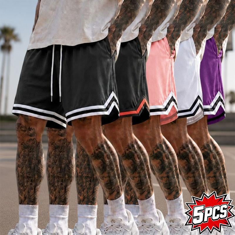 5-Pack Men’S Mesh Basketball Shorts, Drawstring Elastic Waistband, Double-Striped Cuffs, Loose Fit for Fitness and Running, Breathable Streetwear Casual Bottoms